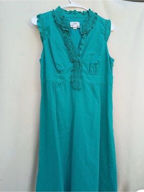 LOFT Teal Sleeveless Midi Dress with Ruffle V-Neck- cotton